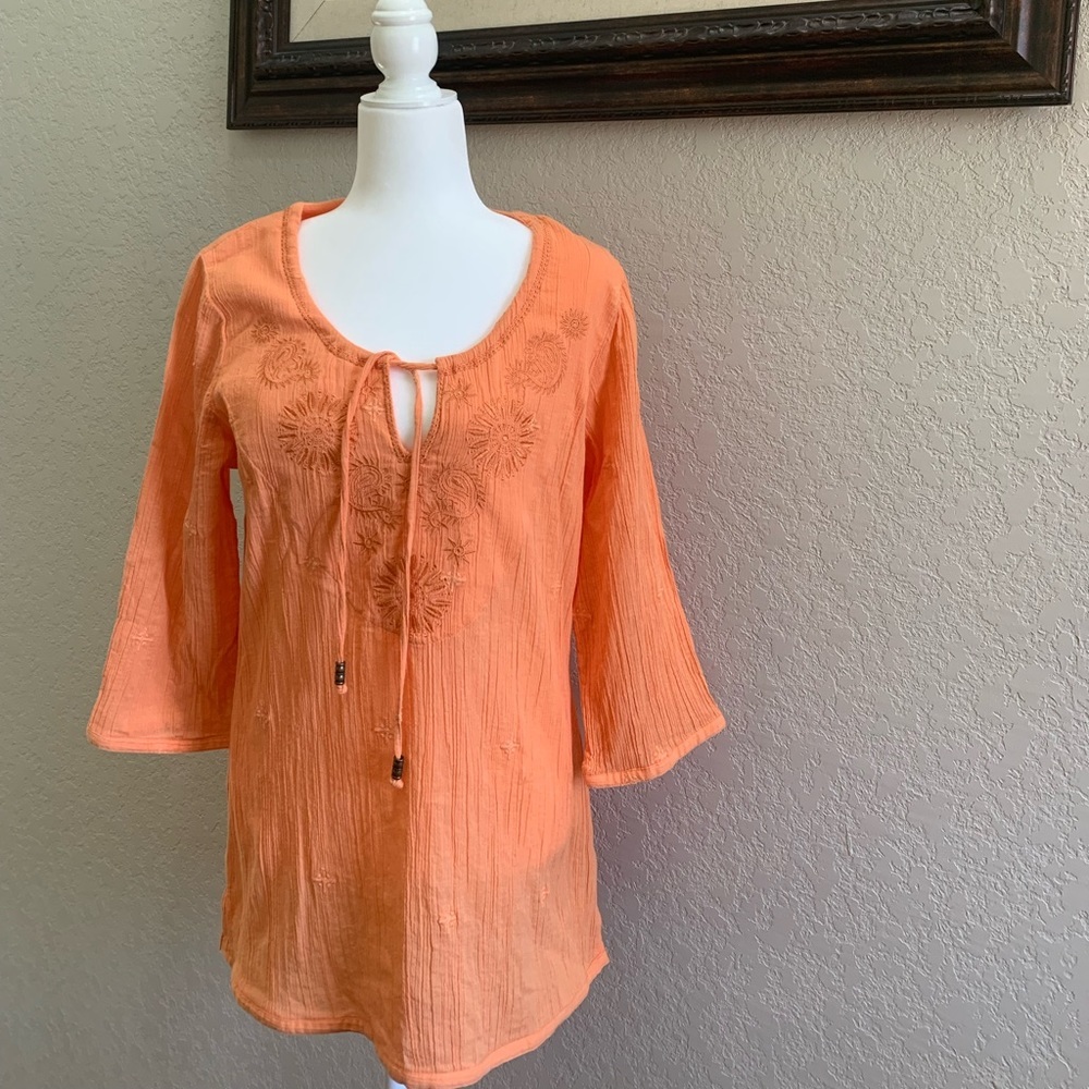 Soft Surroundings Orange Crepe Tunic Top Tassel Embroidered Floral size …